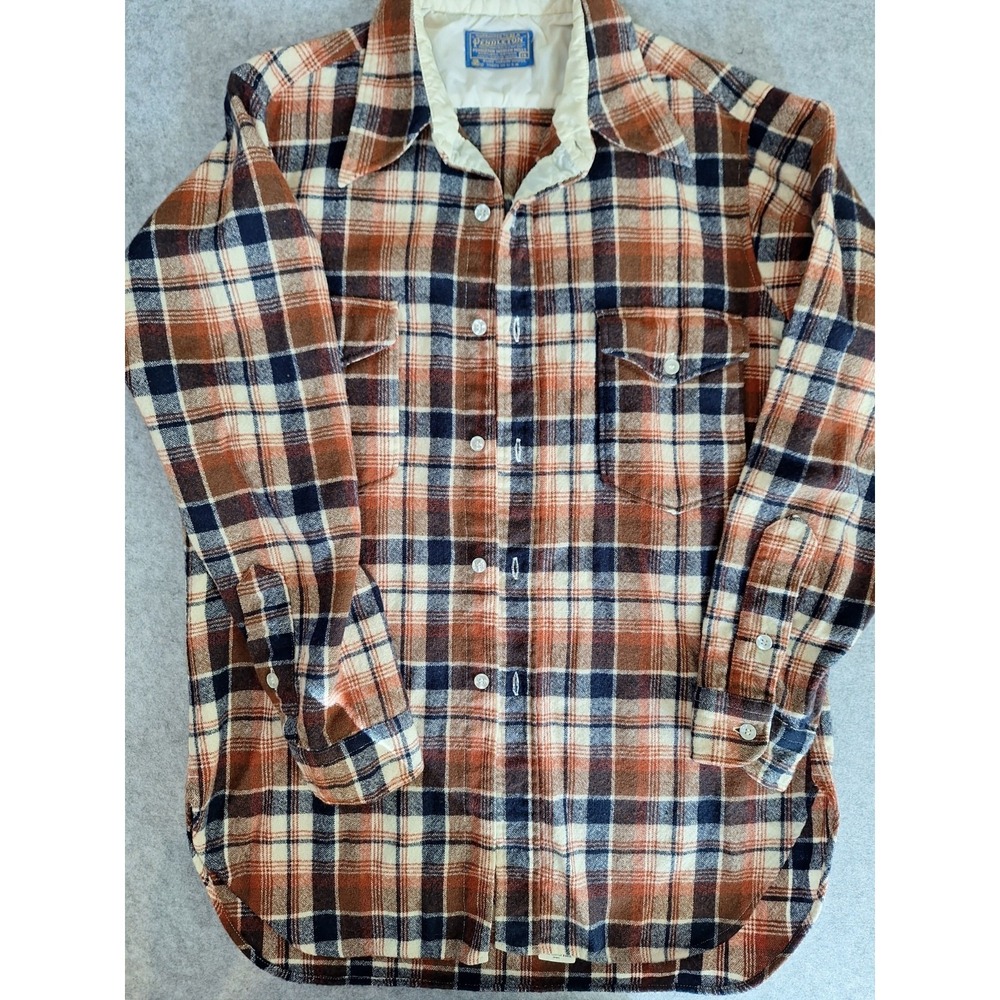Vtg 60's 70's Pendleton Wool Flannel Shirt Sz 16 Collar Plaid Brown